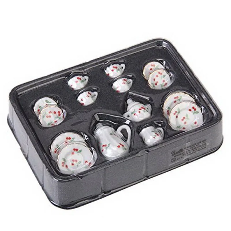 Британский стиль набора для чаепития из фарфора для кукольного домика масштаба 1/12, 15 предметов: блюдца, чашки, тарелки, вишневое. Горячая распродажа.