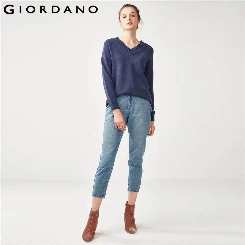Giordano Women Pullover Sweater Ribbed V Neck Loose Cutting Long Sleeve Cuffs Pull Femme Stylish | Женская одежда