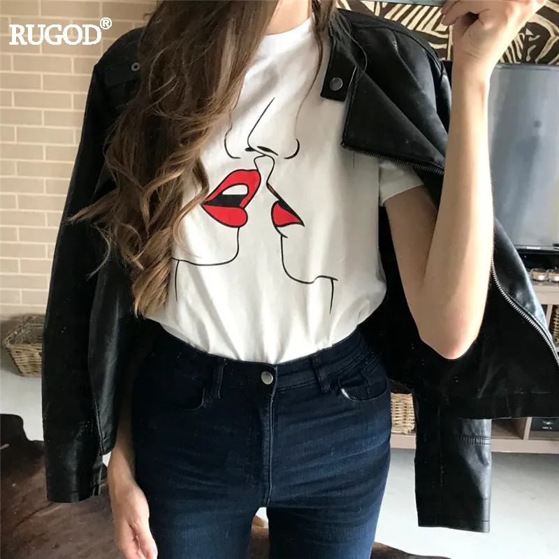 RUGOD 2020 летняя Горячая Распродажа Kawaii Red Kiss принт хлопковая Футболка Harajuku Женская
