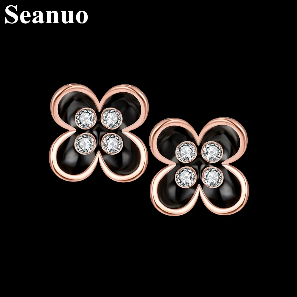 Серьги-гвоздики для свадьбы женщин Seanuo Hot цвета розового золота с классическим четырехлистным клевером для женщин и девочек с циркониевым камнем CZ и черным покрытием.