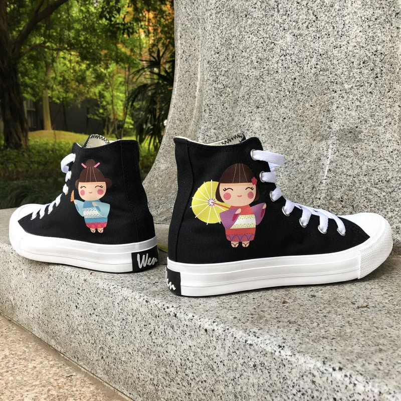 

Wen High Top All-match Black White Skate Shoes Japanese Dolls Designs Canvas Sneakers Women Girls Plimsolls Flat Birthday Gift