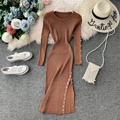 Хаки Gagarich Women Dress Autumn Winter New Elegant Korean Solid Color Split O-neck Long Sleeve Stretch Ladies Dresses Vestidos - Цвет: Хаки