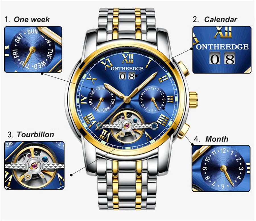 

Tourbillon mechanical Men Gold Watch Stainless Steel Army Military Sport Watches Automatic Golden Clock Men Relogio Masculino