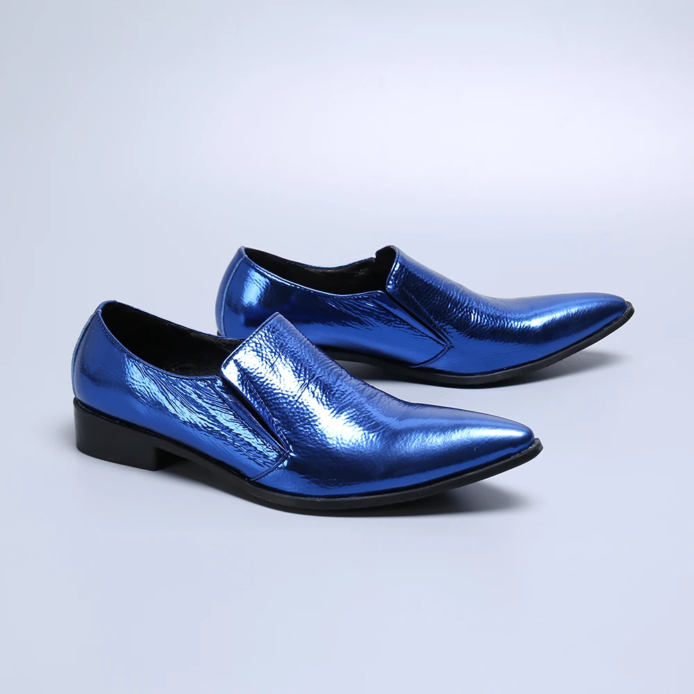 

Luxury Italian Brand Men Leather Shoes zapatos de hombre Blue Genuine Leather Working Office Mens Shoes Slip On Boy Runway Shoes
