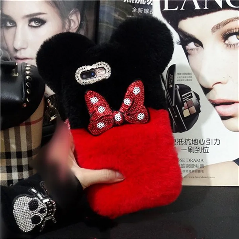 

For iPhone X Luxury Top Rabbit Fur Panda Bear Ear Tail Fur Ball Plush Furry Case For iphone11 12 13 Pro XS MAX XR 8 7 6S Plus