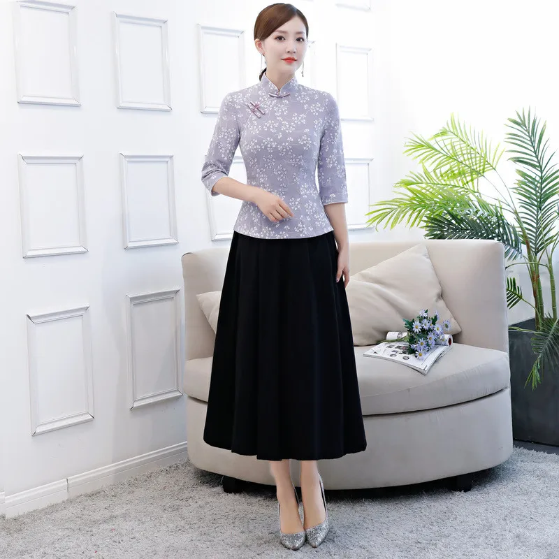 Осенние Топы Cheongsam, повседневные традиционные китайские топы, весенне-летний костюм с рукавами три четверти, фиолетовые Топы