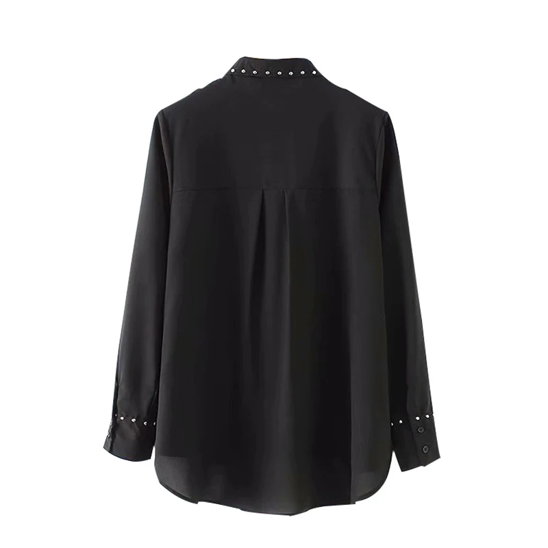 Wonder 2018 new Vintage Flowy Rivet Decorate Tops Blouses Lapel Collar Long Sleeve Pleated Ladies Shirts Casual Blusas Mujer |