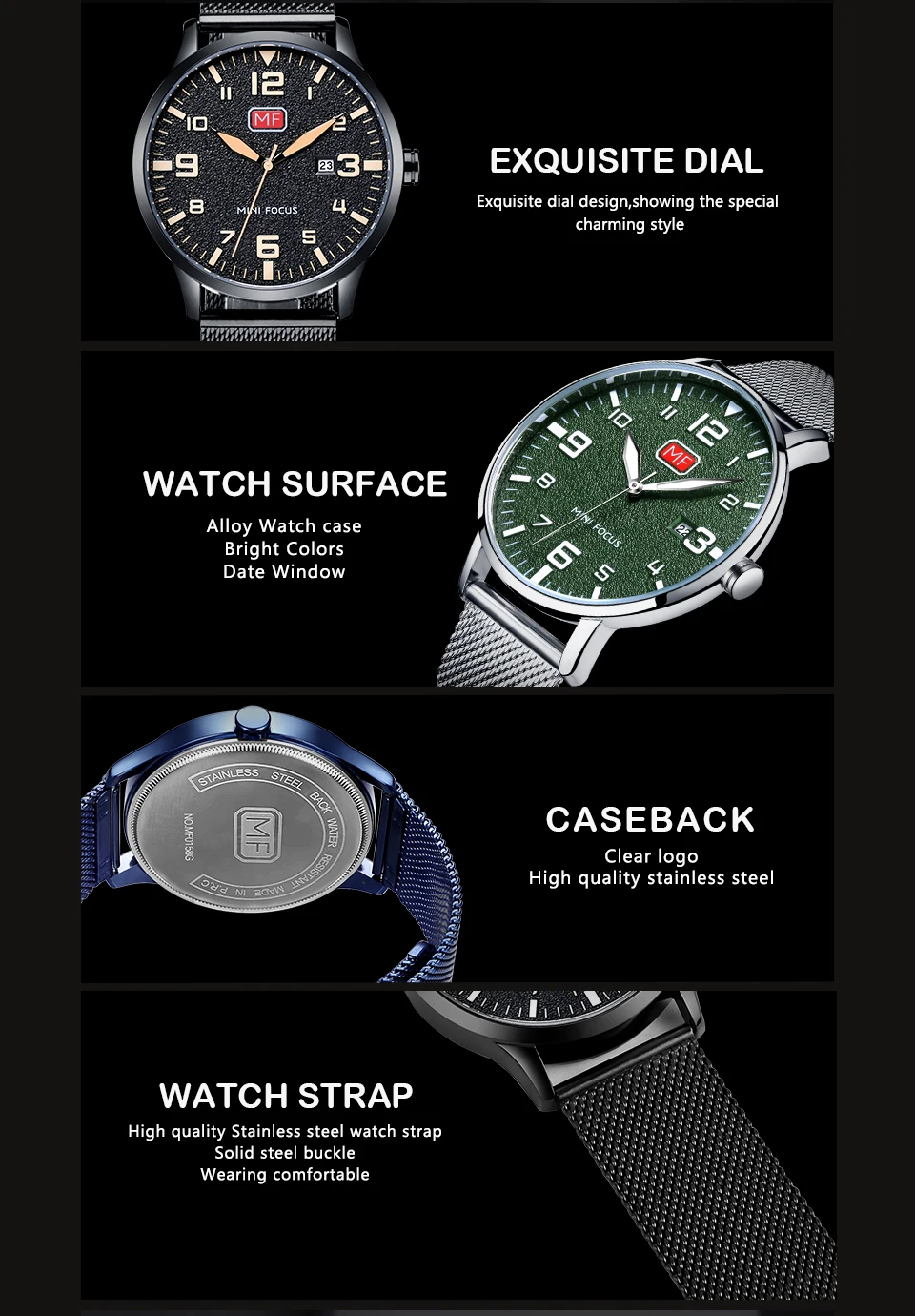 MINIFOCUS Повседневное платье кварцевые аналоговые часы зеленый циферблат сетка