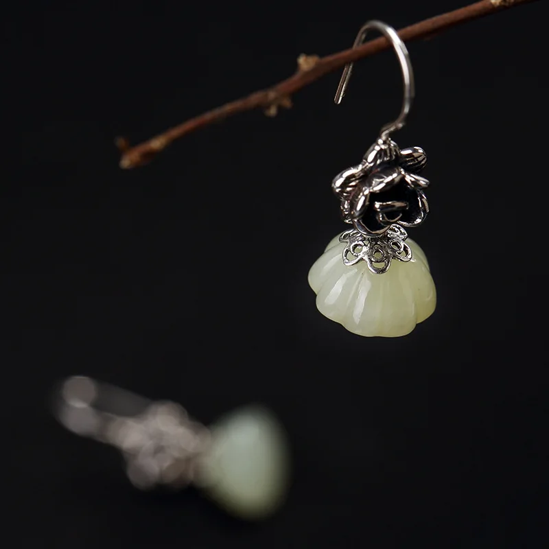 Серьги Brinco женские из чистого нефрита инкрустация лотоса S925 юбилей