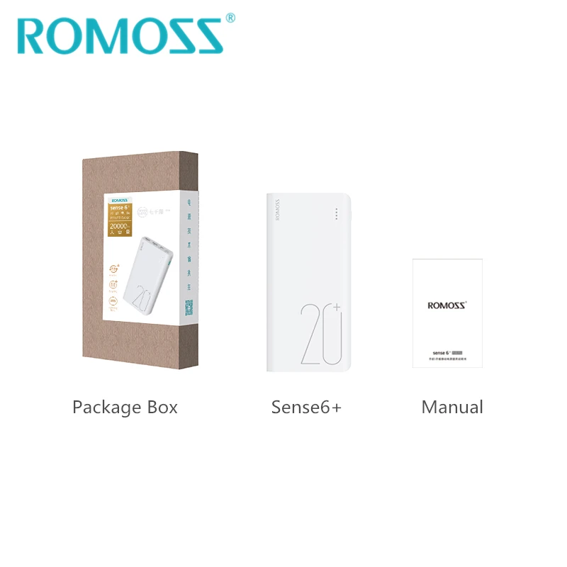 

ROMOSS Sense6+ Power Bank 20000mAh 18W QC3.0 External Battery Backup Power Supports Type-c Quick Charge