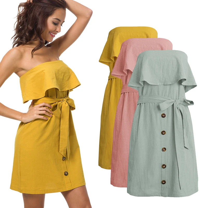 Сексуальное летнее платье без бретелек с оборками женское однотонное хлопковое