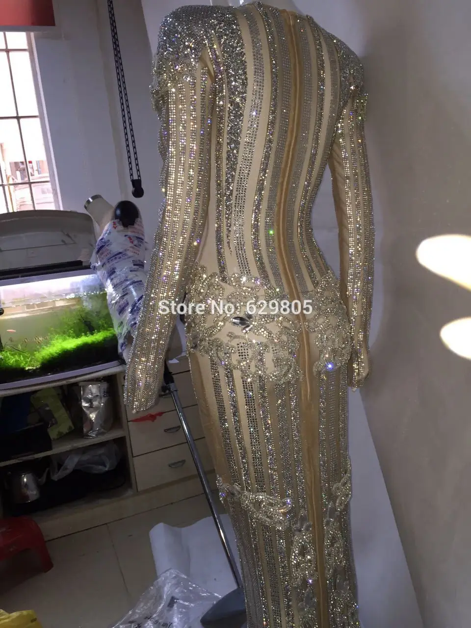 Luxury Glisten Silver Rhinestones Dress Flashing Sexy Stage Wear Long Dresses Full Crystals Costume Celebrate Outfit Dresses