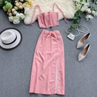 Женский пляжный комплект из 2 предметов, летний топ на тонких бретельках + облегающая юбка, костюм в горошек, розовый спортивный костюм