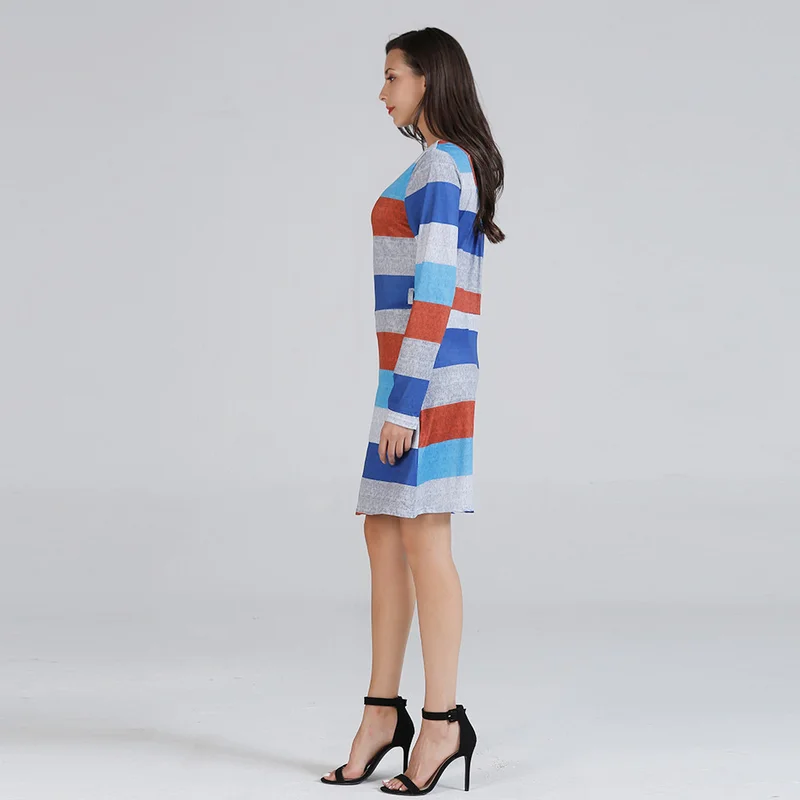 Осенняя мода в полоску с круглым вырезом длинными рукавами Для женщин офисные