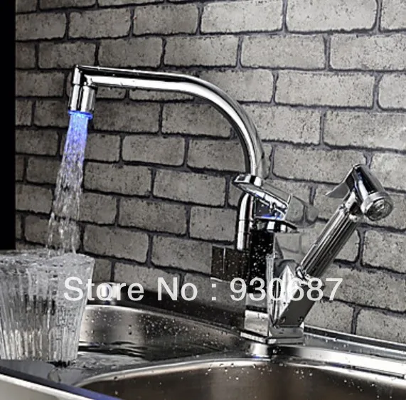 360 degree Swivel Color Changing LED Kitchen Faucet Pull Out Polished Chrome Basin Mixer Brass Tap|faucet extension|faucet logosfaucets taps |