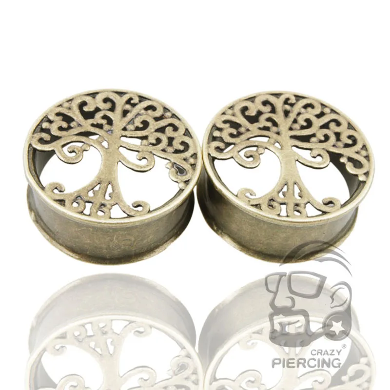 Tree Of Life Ear Plugs Antique Gold Double Flares Gauges Brass Flesh Tunnel Earring Plug Fashion Earrings | Украшения и