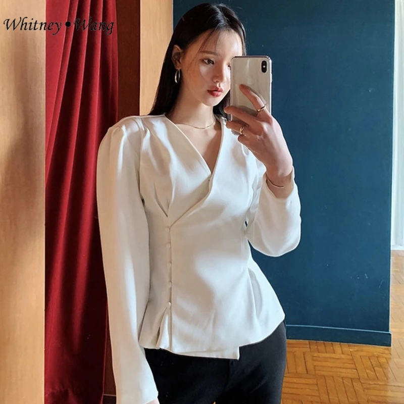 Уличная мода WHITNEY WANG весна-осень 2019 винтажная Стильная приталенная блузка с