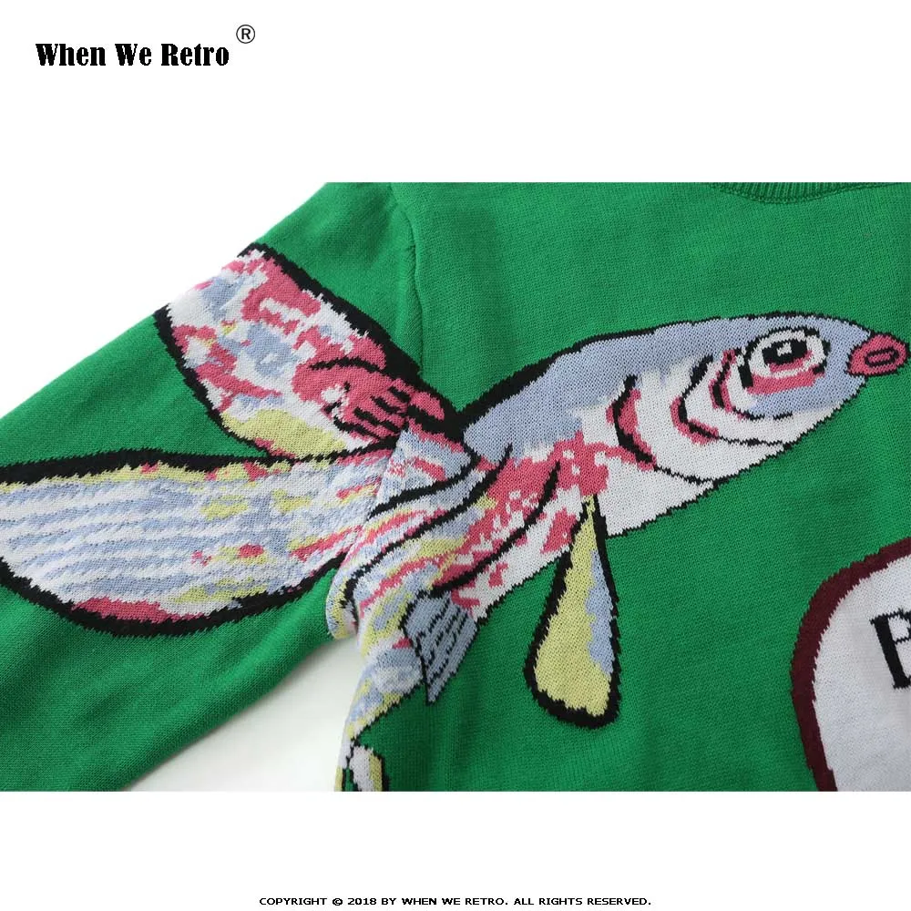 When We Retro Women Sweater Green Fashion Cartoon Fish Embroidery Female Knitted Tops Long Sleeve Ladies O-neck Pullovers YC21 | Женская