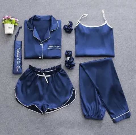 Комплект пижамный женский из 7 предметов элегантный Шелковый Топ с длинным