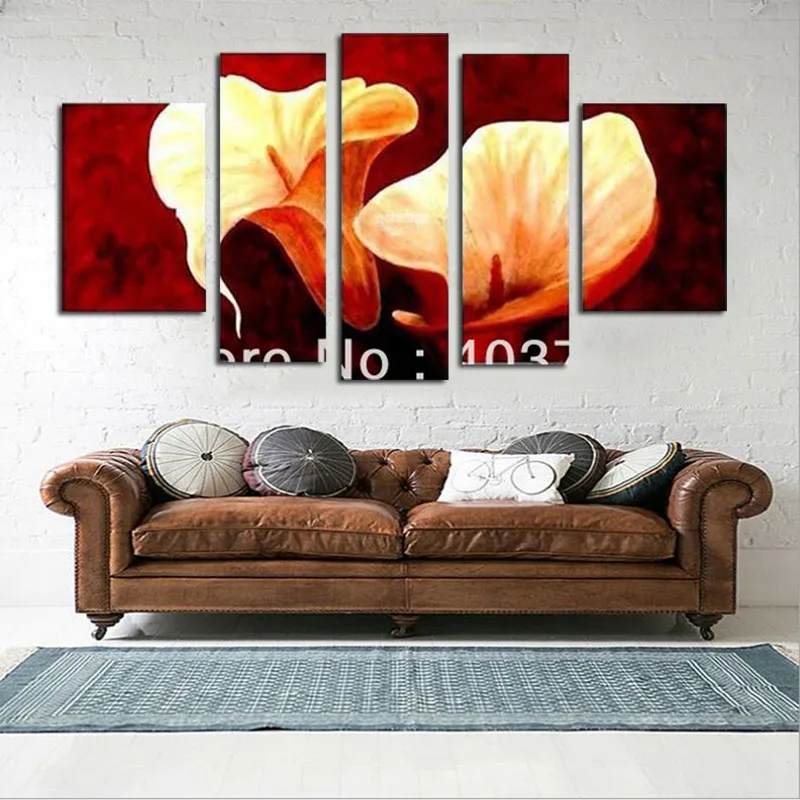 5 панелей Чистая ручная роспись Масляные картины Лилия Цветок красный фон для
