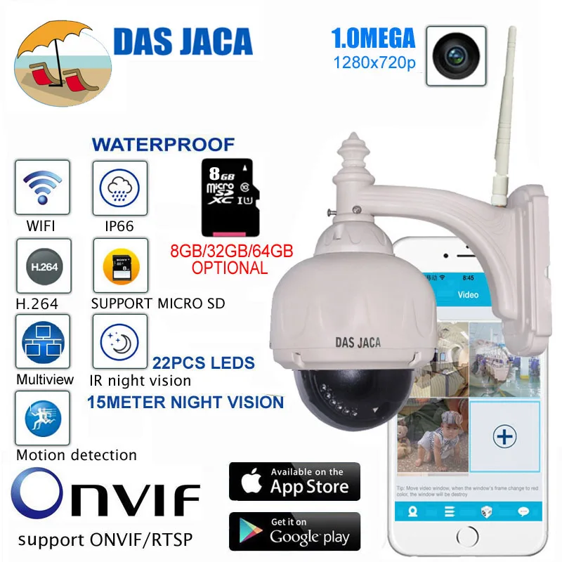 Das Jaca 1mp наружная камера безопасности Беспроводная ip 720P HD PTZ купольная WIFI