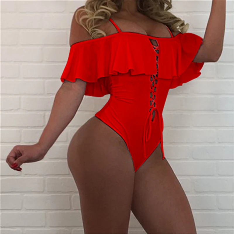 Swimwear Women One-Piece Swimsuit Sexy Bandage Halter Deep V-Neck Plunging Neck Hollow Out Beach Bathing Suit B125 | Спорт и