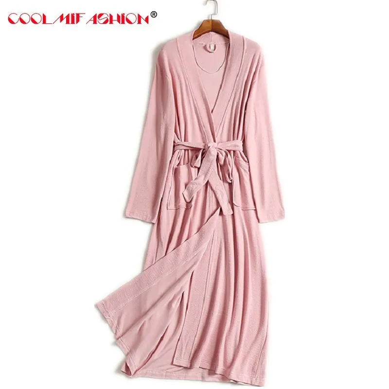 Для женщин халат с длинным рукавом твердых сыпучих V шеи Самостоятельная ремень