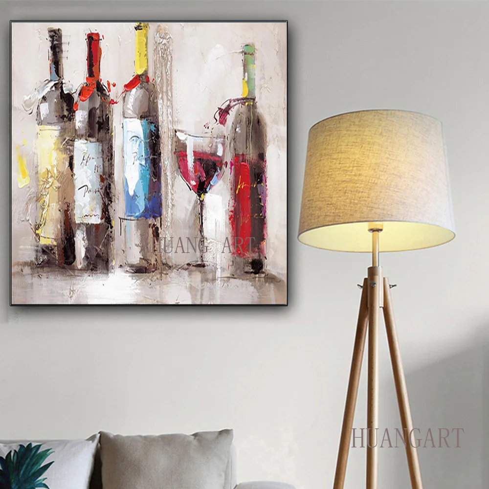 100% Handmade High Quality Abstract Colorful Bottles Oil Painting on Canvas Modern Wine Bottle Picture For kitchen | Дом и сад