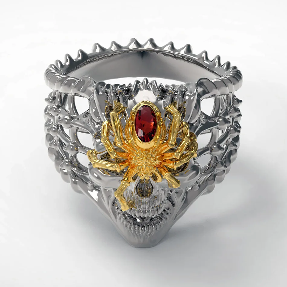 Liumo Punk Style Gold Color Dragon Skull with Red Crystal Spider Hip Hop Rock Copper Alloy Men Fashion Biker Ring Lr849 | Украшения и