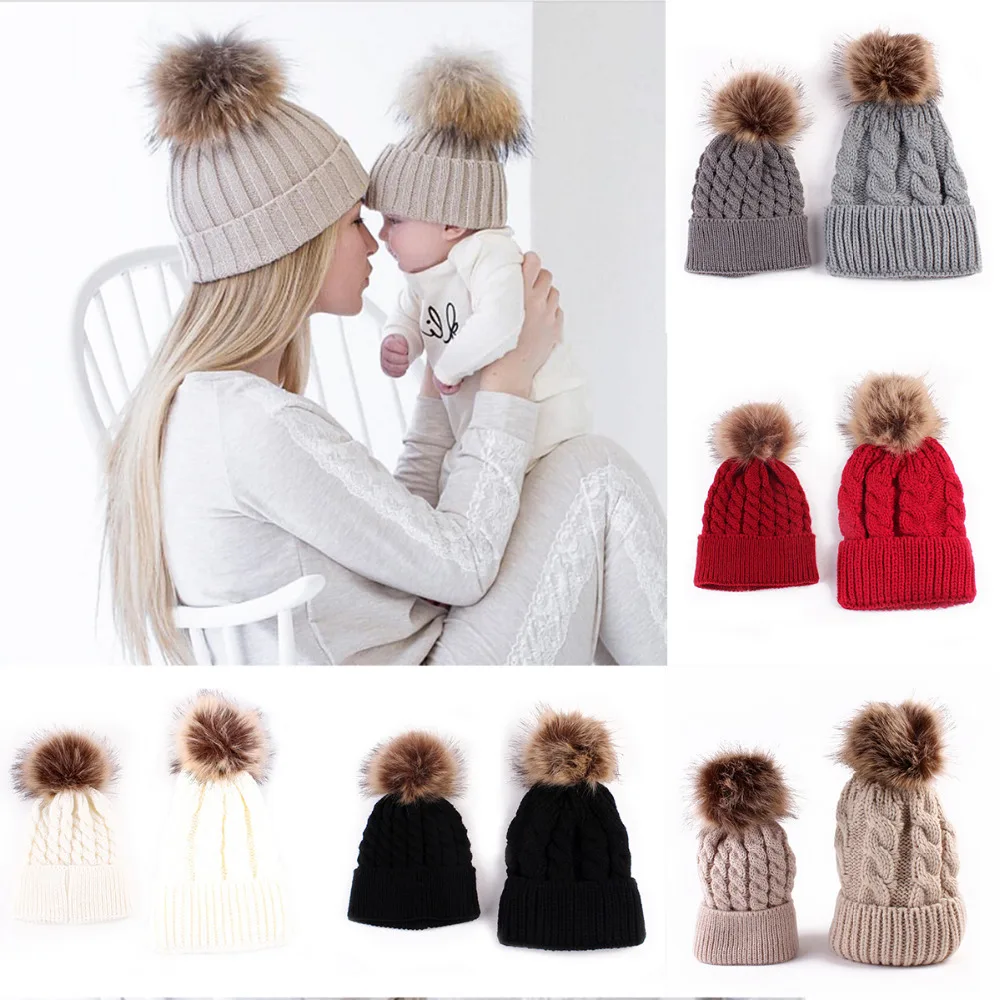 Family Cap Matching Winter Cotton Knit Hat 2PCS/set Mom Knitted Crochet Beanie Warm Fur Ball Caps | Красота и здоровье