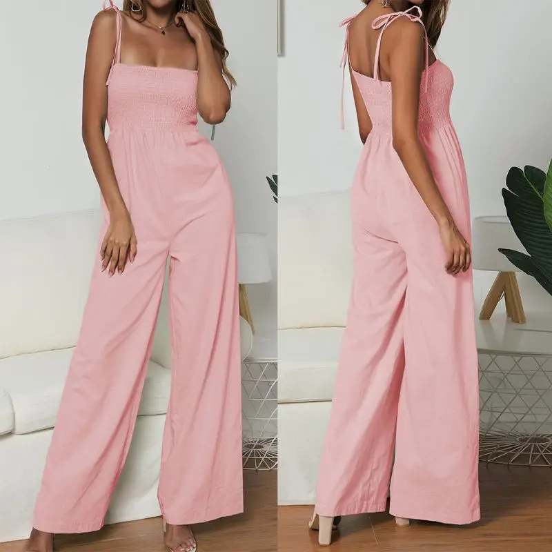 

Женский летний бандо, однотонный комбинезон без рукавов с бретельками, праздничный Длинный комбинезон с широкими штанинами