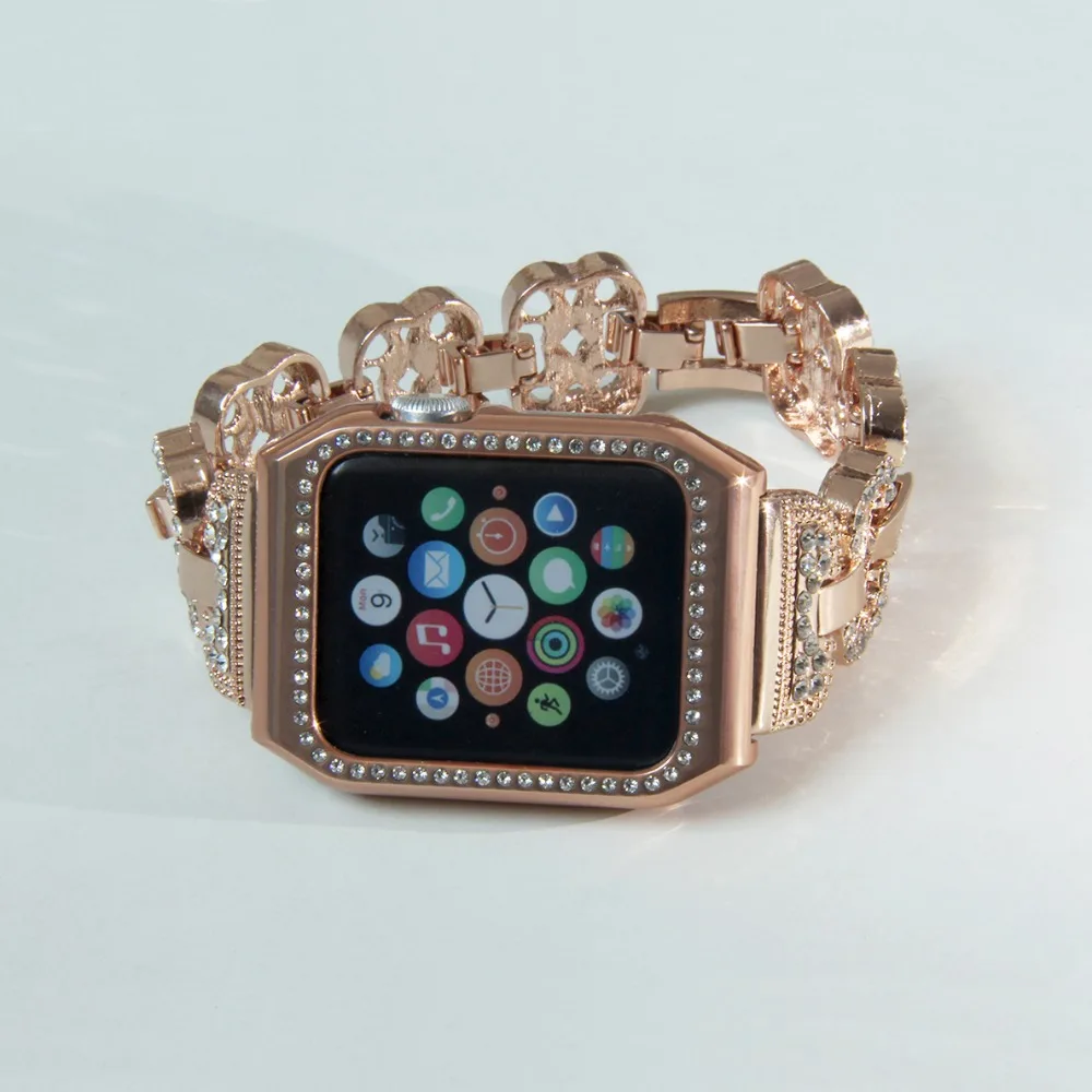 Ремешок для часов с алмазным клевером+ защитный чехол для apple watch, ремешок 42 мм/38 мм, женские наручные часы, браслет для iwatch, ремешок 1/2/3