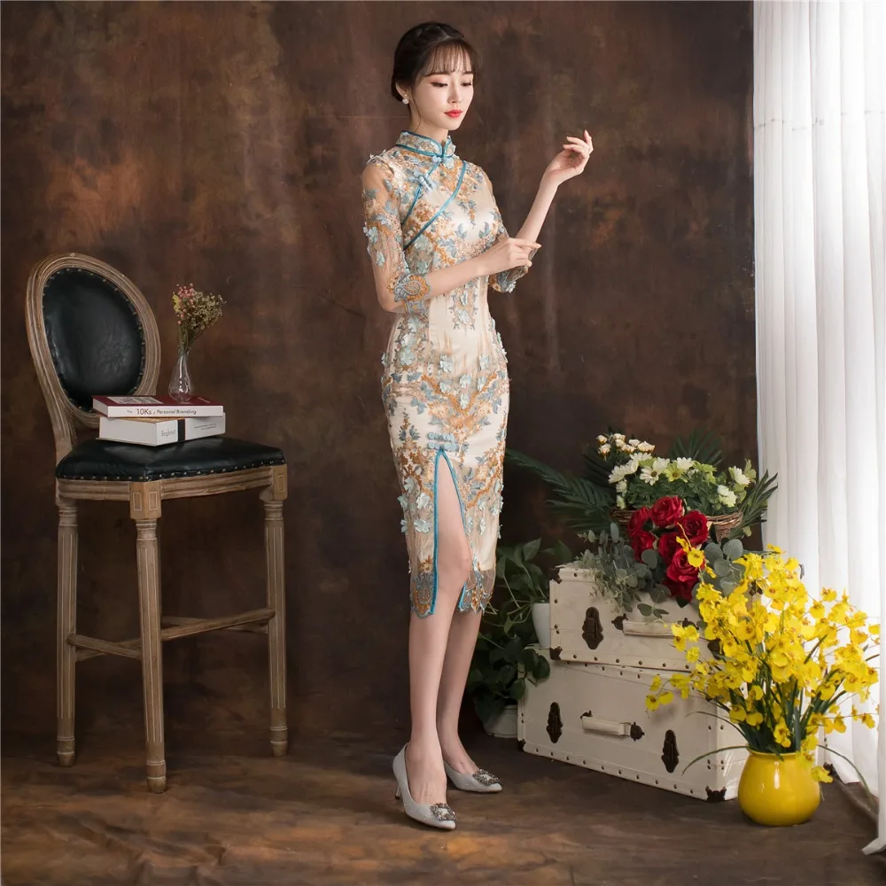 Shanghai история высокое Разделение рыбий хвост длинное платье Qipao Cheongsam шнурок китайский Oriental платье Русалка китайский Для женщин платья