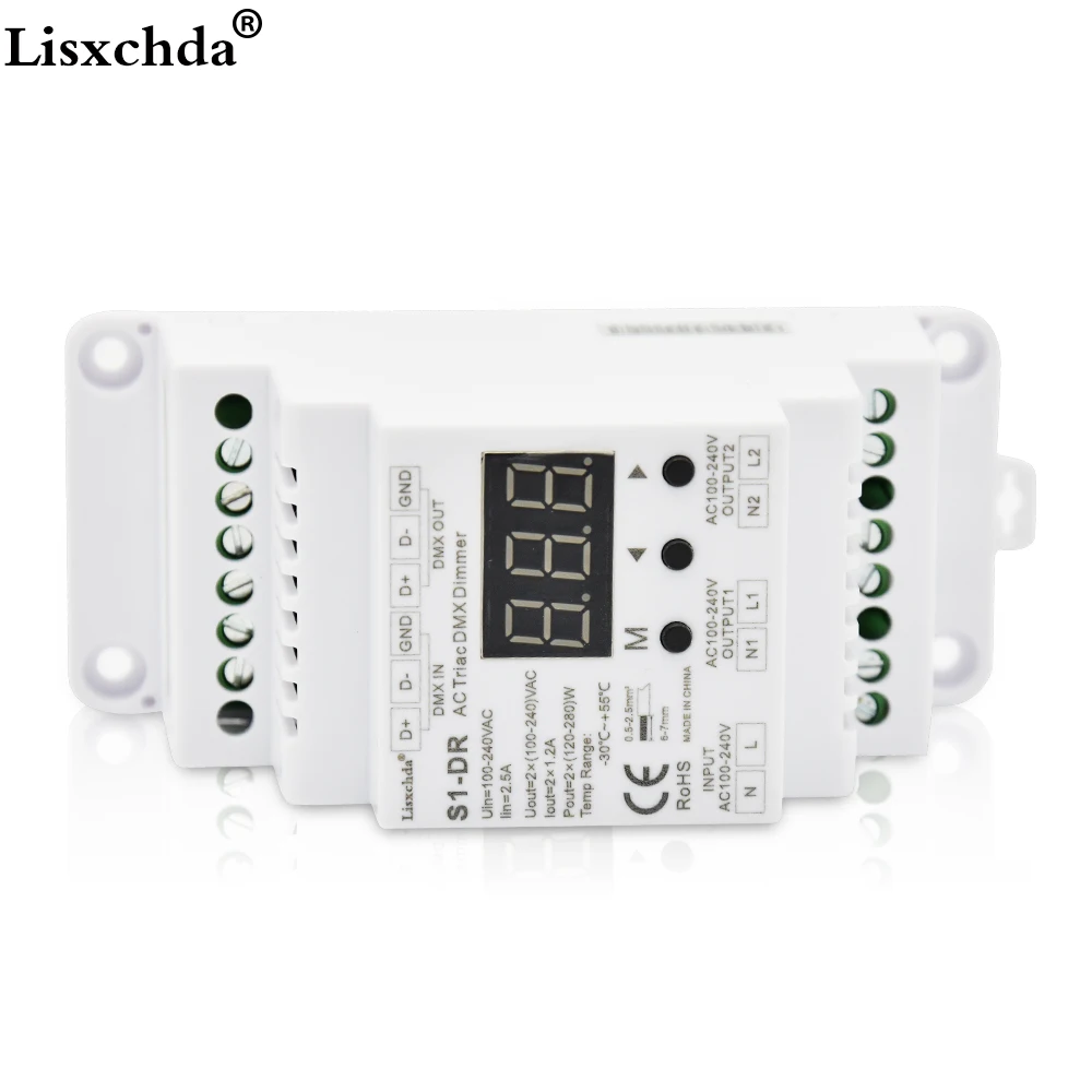Din-рейка AC100-240V 288 Вт 2 канала Triac DMX диммер, двухканальный выход кремния DMX 512 контроллер S1-DR