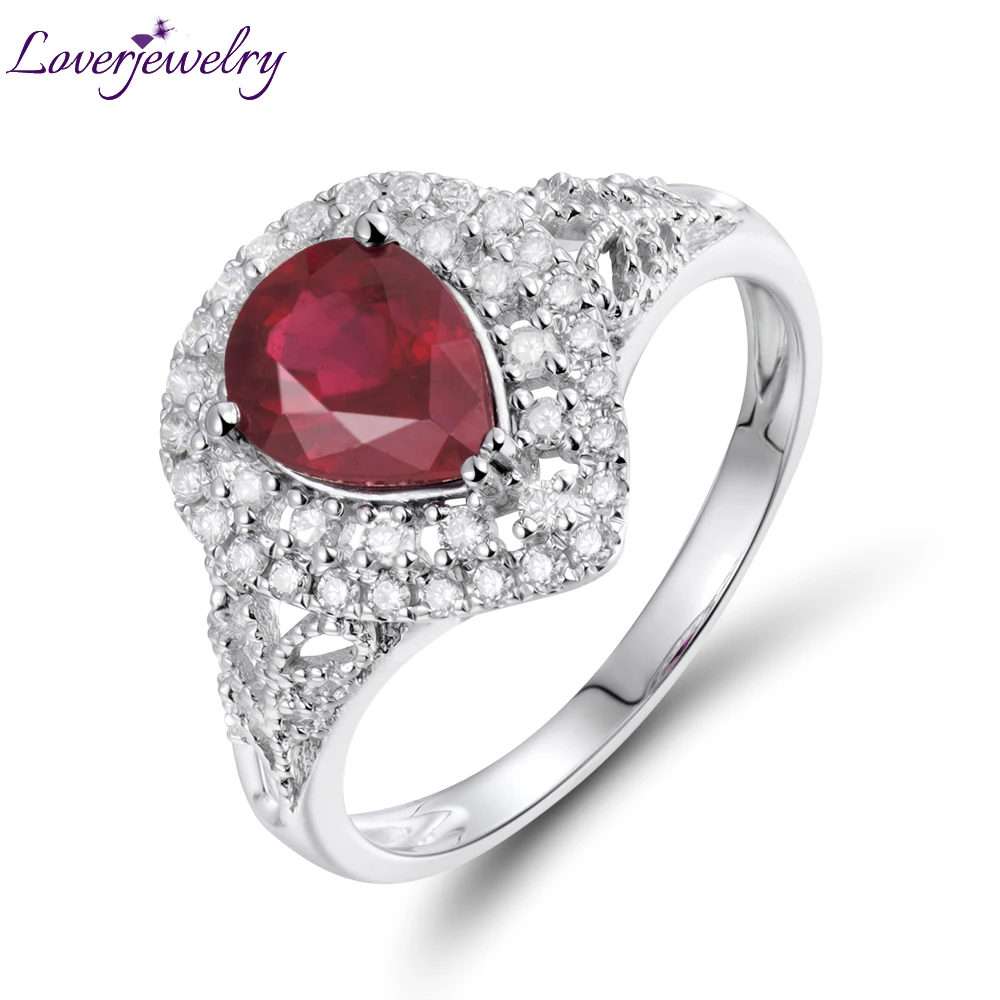 LOVERJEWELRY, женские кольца, Новое поступление, в форме груши, красный рубин, обручальные кольца, одноцветные, 14 к, белое золото, бриллиант, хорошее ювелирное изделие для женщин