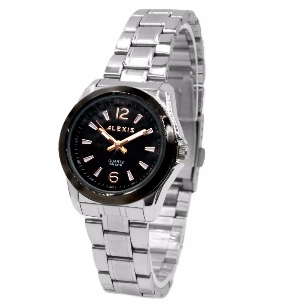 Alexis Female Analog Quartz Round Watch Japan Miyota Movement Matt Silver Stainless Steel Band Black Dial Water Resistant