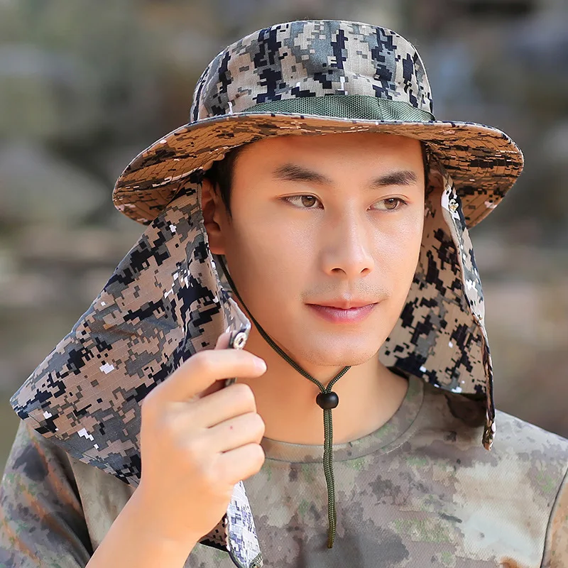 

Bucket Hat Man Summer Sun Hat Summer Camouflage Sunscreen Hatband Windbreak Rope Fisherman Hat Outdoor Sports Cap