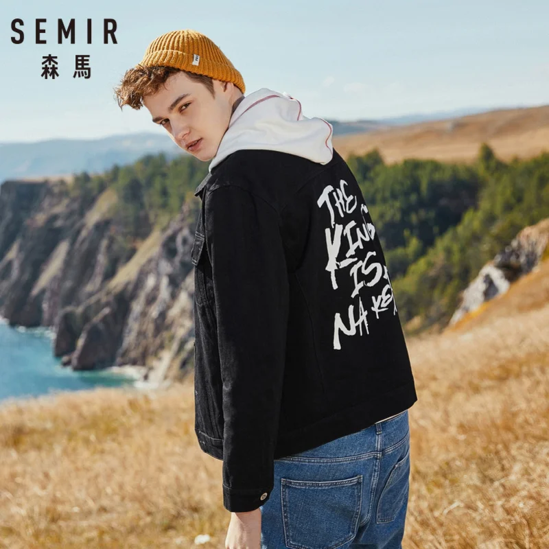 Мужская джинсовая куртка с принтом SEMIR потертая воротником нагрудным карманом и