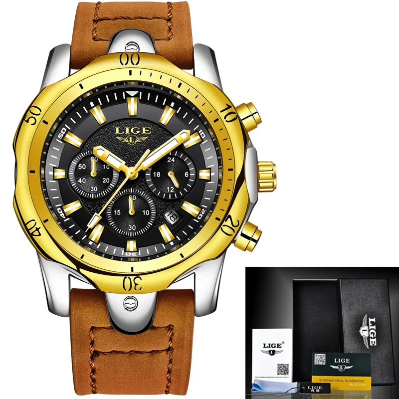 leather gold black Relojes Hombre, новинка, кварцевые наручные часы LIGE, мужские часы с большим циферблатом, золотые, черные, кожаные часы, мужские спортивные водонепроницаемые часы с хронографом - Цвет: leather gold black