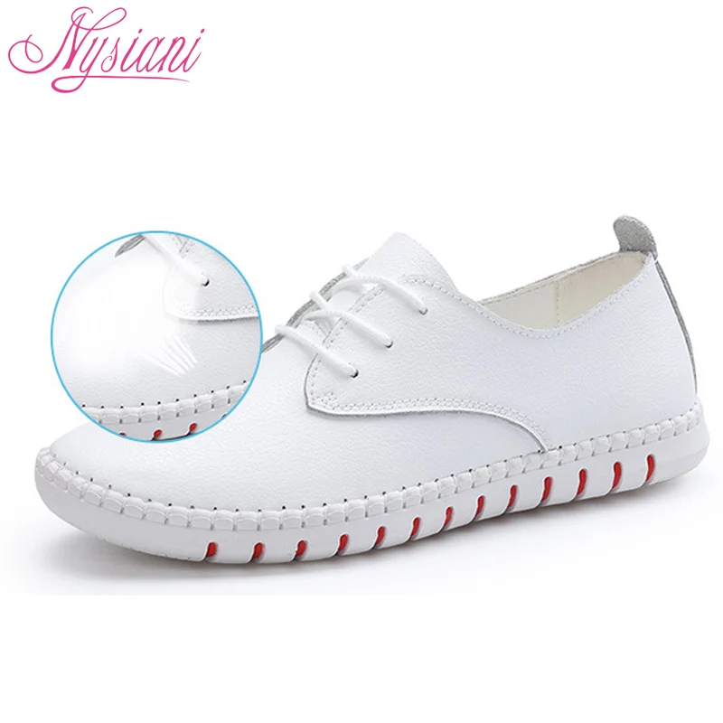 Женские кроссовки белые кожаные туфли с круглым носком на шнуровке лоферы