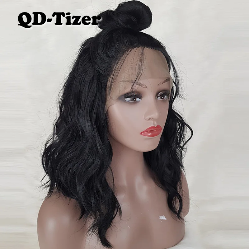 QD-Tizer Short Curly Lace Front Wig Bob Black Color Synthetic Hair Heat Resistant Fiber Wigs With Baby Hair For Women