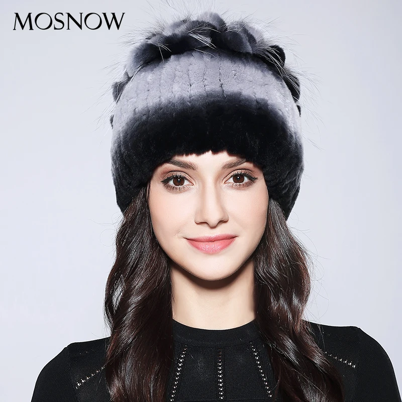 MOSNOW Для женщин зимние Шапки шапочки элегантный цветок Топ природных Рекс Кролик