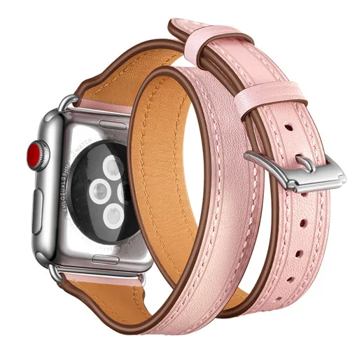Кожаный ремешок для наручных часов Apple watch, ремешок 42 мм, 38 мм, Версия 44 мм 40 мм наручных часов iWatch, 5/4/Redmi 2/3 ремешок Double Tour браслет для часов из натуральной кожи ремень - Цвет ремешка: pink