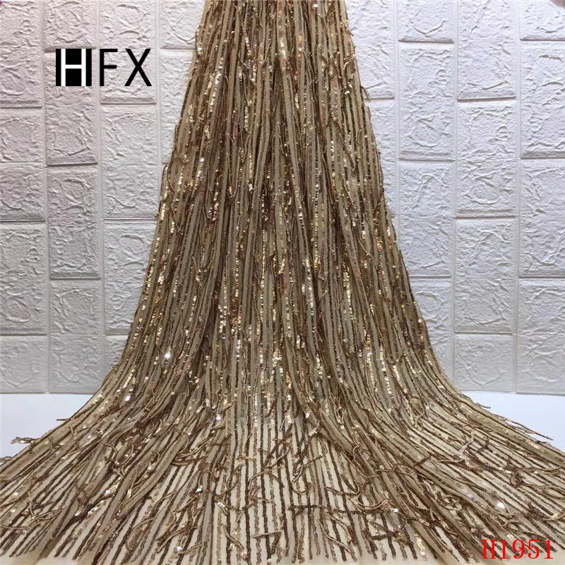 HFX Latest African Laces 2019 Sequin Embroidered Mesh Lace Fabric Champagne Gold French Tulle Wedding Dress X1951 | Дом и сад