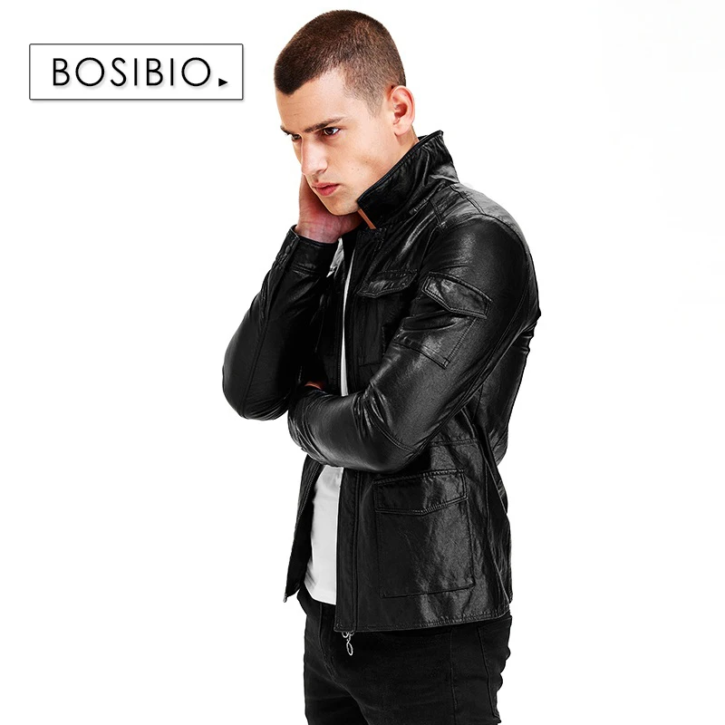 Мужская кожаная куртка с карманами BOSIBIO черная приталенная мотоциклетная весна