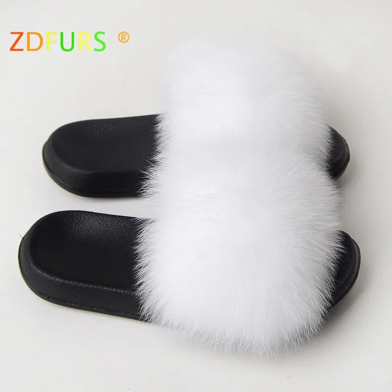 white ZDFURS* ; Лидер продаж; летние шлепанцы из лисьего меха; модные шлепанцы из ЭВА с натуральным мехом; женская пляжная обувь; женские Вьетнамки; яркие цвета - Цвет: white