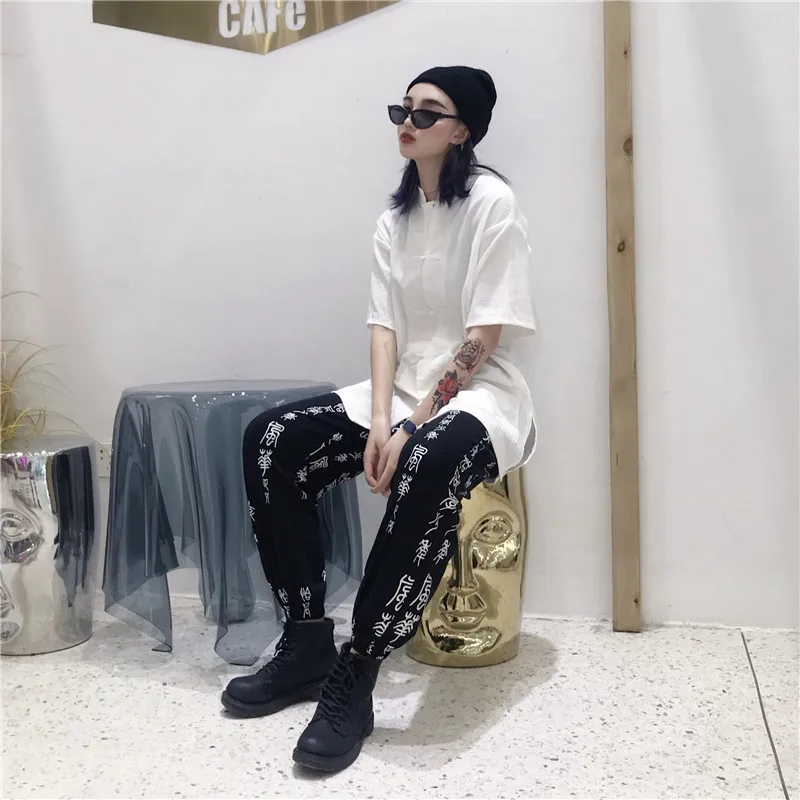 Женская одежда в Корейском стиле ulzzang harajuku BF винтажный принт шаровары Летняя