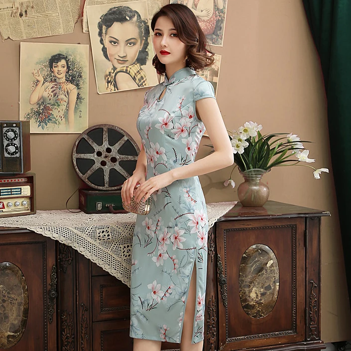 Китайский воротник Qipao светло-голубое женское китайское платье сексуальное винтажное платье Чонсам плюс размер 3XL с цветочным принтом Vestidos