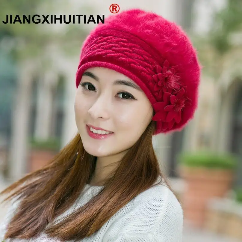 

winter Christmas Super warmth hats caps for women Beret rabbit Really fur casual caps fashion All-match Berets Stewardess hats