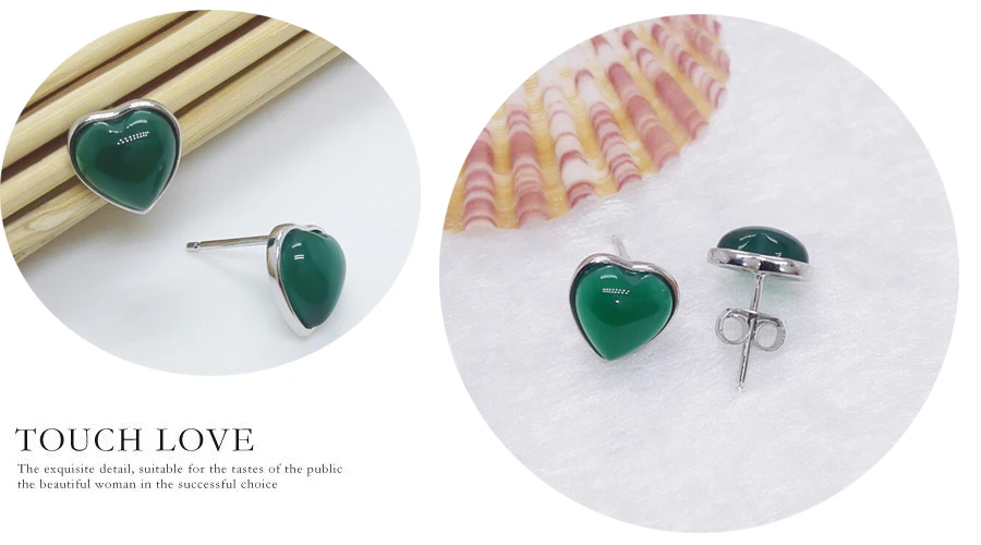 Серьги-гвоздики из чистого серебра 100% пробы с агатом и сердцем 925 | Украшения